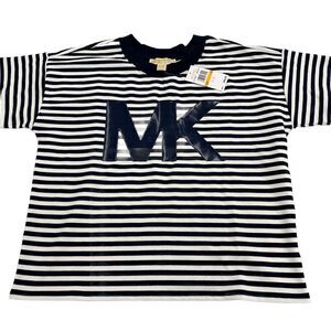 Michael Kors Women's Striped MidnightBlue White MK Logo T-Shirt Top Sz small New